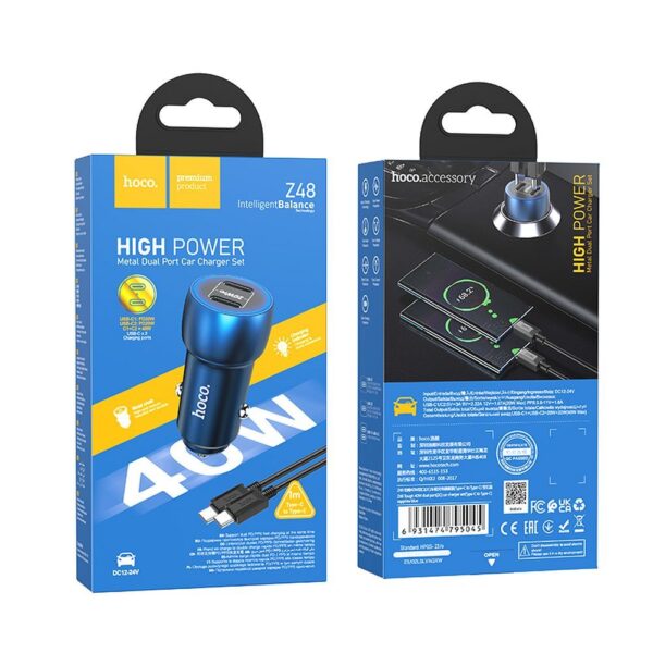 HOCO car charger 2 x Type C + cable Type C to Type C PD QC3.0 3A 40W Z48 sapphire blue – Bild 4
