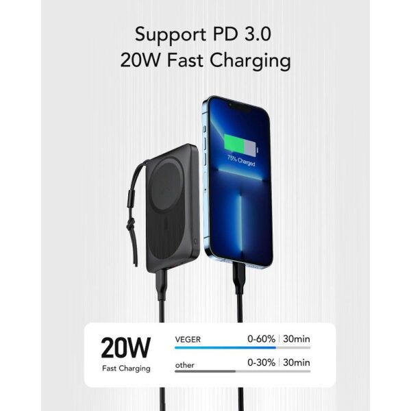 VEGER powerbank 10 000 mAh z ładowaniem indukcyjnym kompatybilny z MagSafe PD QC3.0 2A 20W MagOn (VP1151 / W1151) black – Bild 3