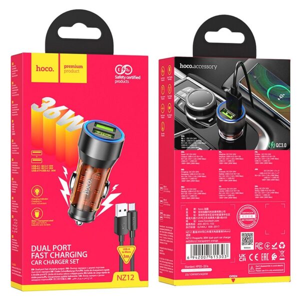 HOCO car charger 2 x USB A + cable USB A to Micro USB QC3.0 3A 36W NZ12 transparent orange – Bild 5