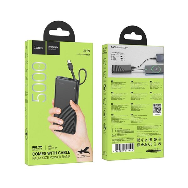 HOCO powerbank 5000 mAh with built-in cable Type C 2A J129 black – Bild 2