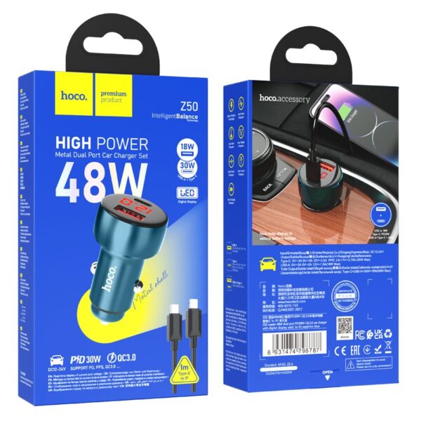 HOCO car charger USB A + Type C with digital display + cable Type C to Lightning PD QC3.0 3A 48W Z50 metal grey – Bild 4