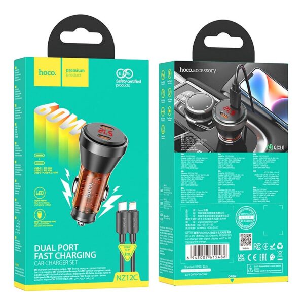 HOCO car charger 2 x Type C with digital display + cable Type C to Lightning PD QC3.0 3A 60W transparent orange – Bild 3