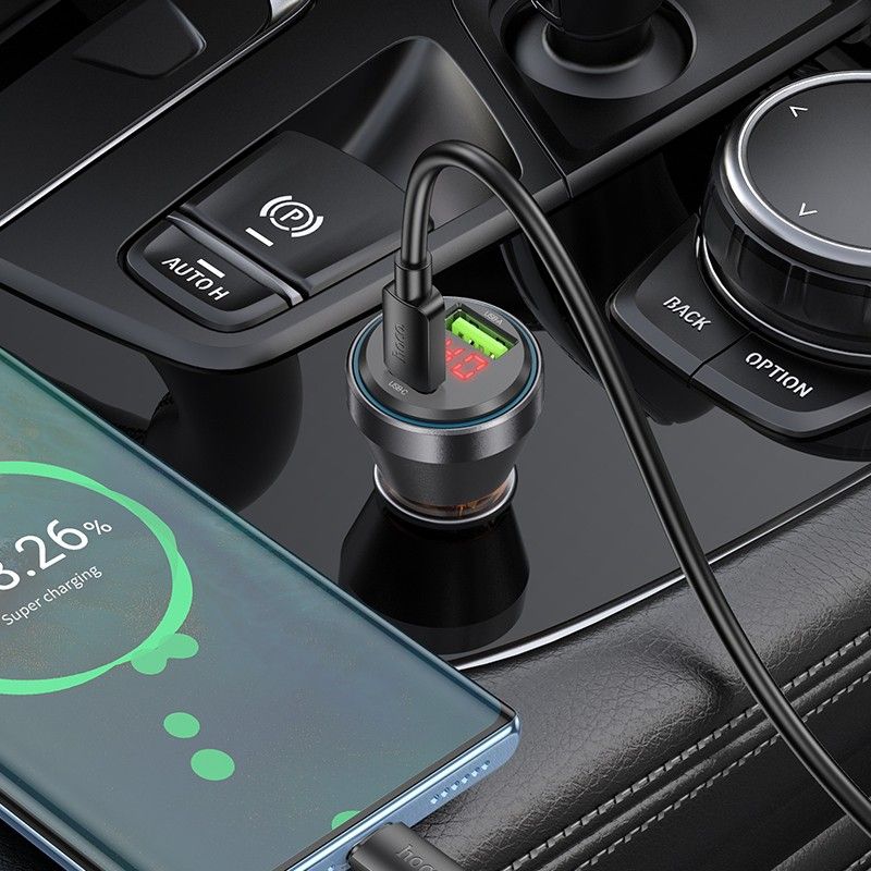 HOCO car charger USB A + Type C with digital display + cable Type C to Lightning PD QC3.0 3A 48W NZ12B transparent black – Bild 3