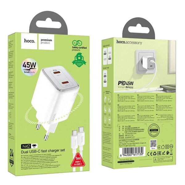 HOCO charger 2 x Type C + cable Type C to Type C PD QC 45W GaN N42 white – Bild 5