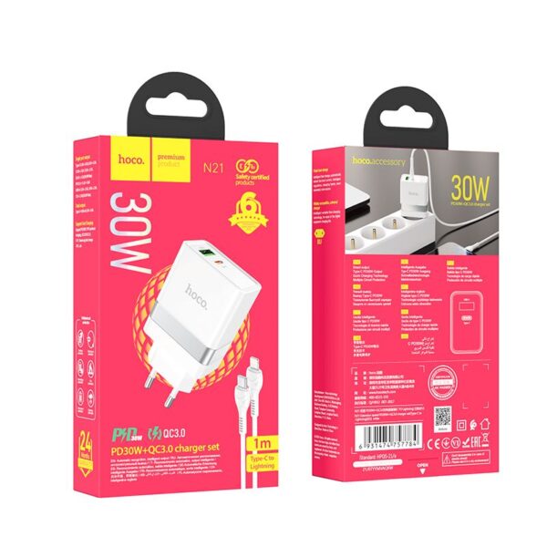 HOCO travel charger USB A + Type C + cable Type C to Lightning PD QC3.0 3A 30W N21 white – Bild 5