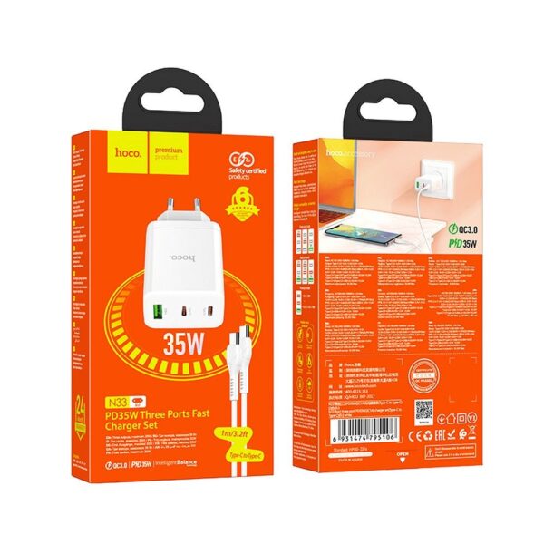 HOCO charger 2 x Type C + USB A + cable Type C to Type C PD QC3.0 3A 35W N33 white – Bild 2
