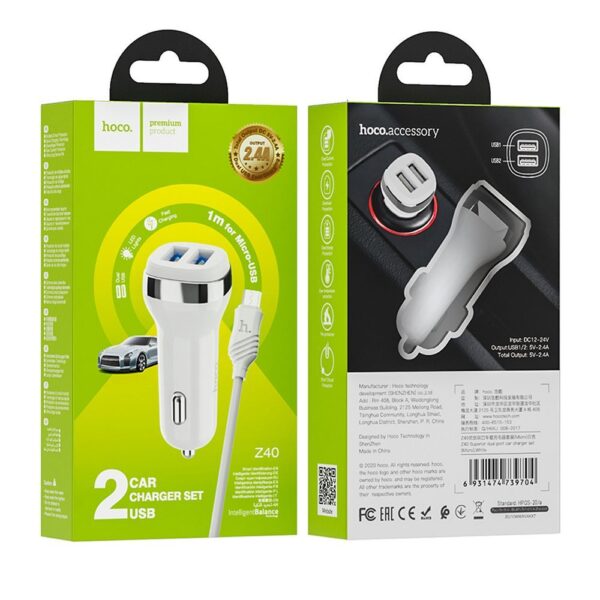 HOCO car charger 2 x USB A + cable USB A to Micro USB 2,4A Z40 white – Bild 4