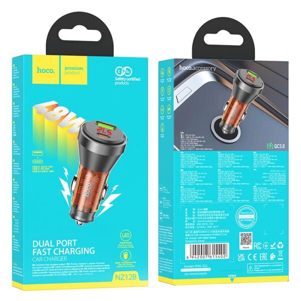 HOCO car charger USB A + Type C with digital display PD QC3.0 3A 48W NZ12B transparent orange – Bild 3