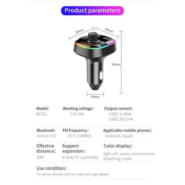 Transmiter MP3 bluetooth 5.0 + card TF reader + 2 x USB A QC3.0 BC52L black – Bild 5