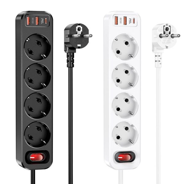 HOCO power strip 4-bit extension cable socket + 2 x USB A + Type C PD QC 3A 20W NS1 white – Bild 4