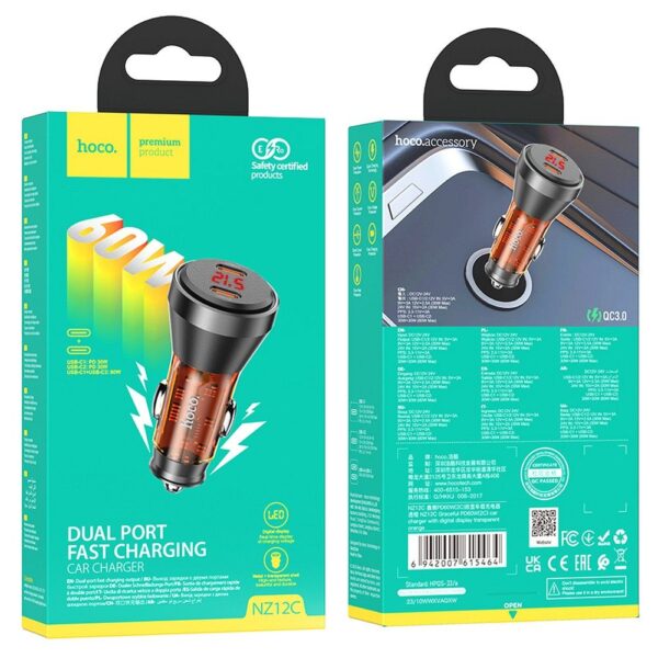 HOCO car charger 2 x Type C with digital display PD QC3.0 3A 60W NZ12C transparent orange – Bild 2