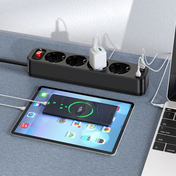 HOCO power strip 4-bit extension cable socket + 2 x USB A + Type C PD QC3.0 3A 20W NS1 black – Bild 2
