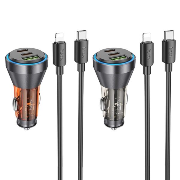 HOCO car charger USB A + 2 x Type C + cable Type C to Lightning PD QC3.0 3A 60W NZ12D transparent orange – Bild 5