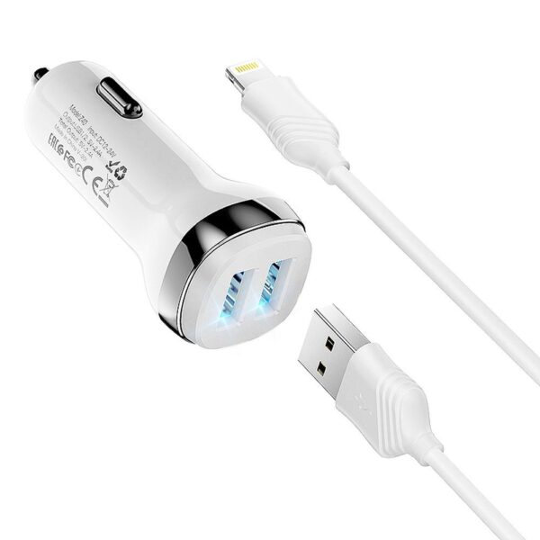 HOCO car charger 2 x USB A + cable USB A to Lightning 2,4A Z40 white – Bild 3