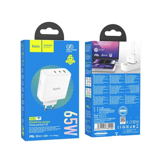 HOCO wall charger 2 x Type C + USB A QC PD 65W GaN N30 white – Bild 2