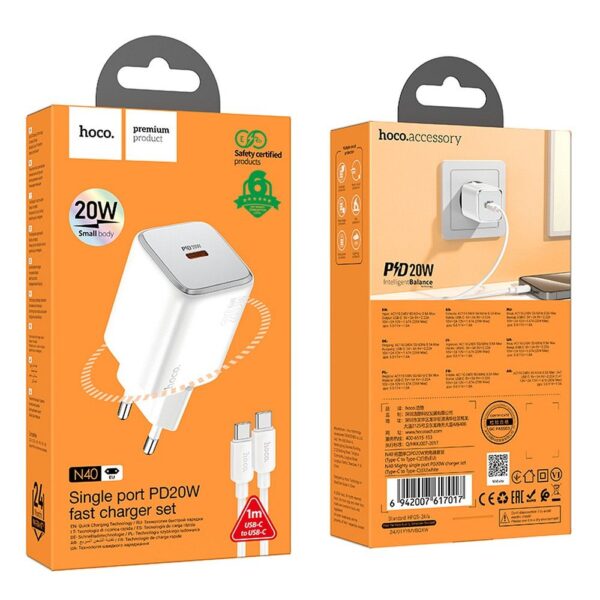 HOCO wall charger Type C + cable Type C to Type C QC PD 20W N40 white – Bild 4