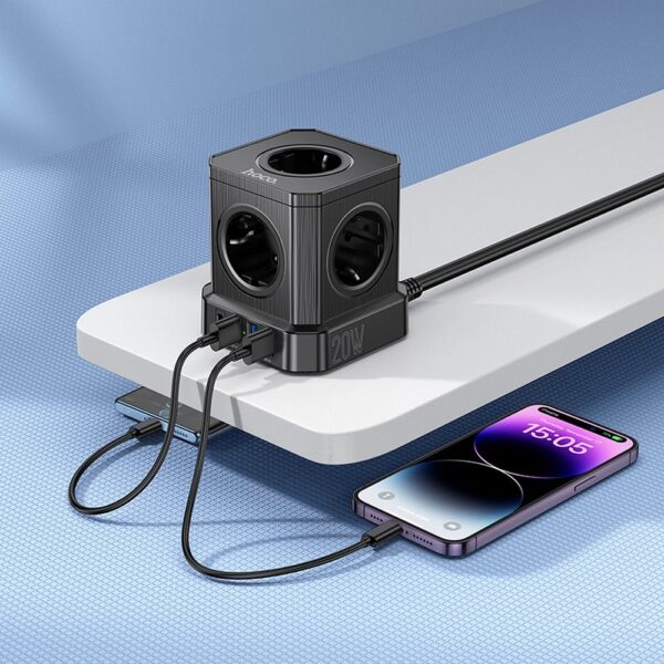 HOCO multifuncional splitter 5 sockets + 3 x USB A + Type C EU standards 4000W PD QC 3A NS8 2 m black – Bild 2