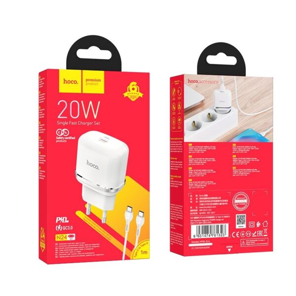 HOCO travel charger Type C + cable Type C to Type C PD QC3.0 20W N24 white – Bild 4