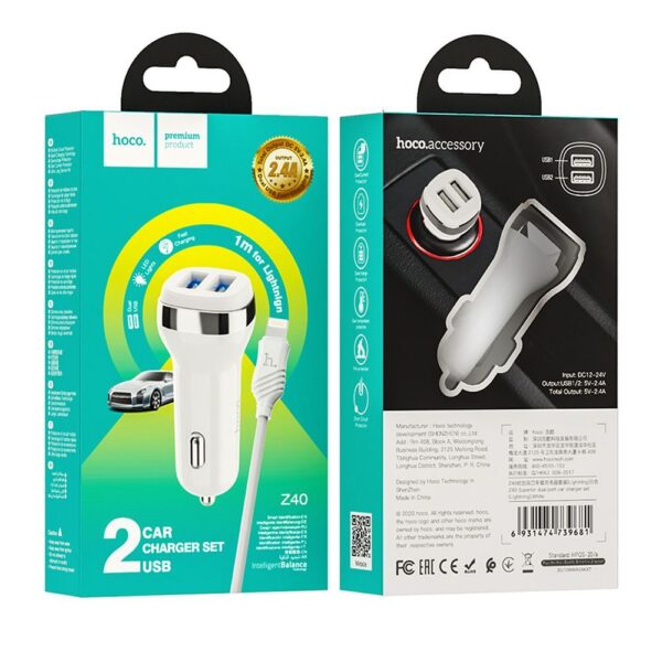 HOCO car charger 2 x USB A + cable USB A to Lightning 2,4A Z40 white – Bild 4