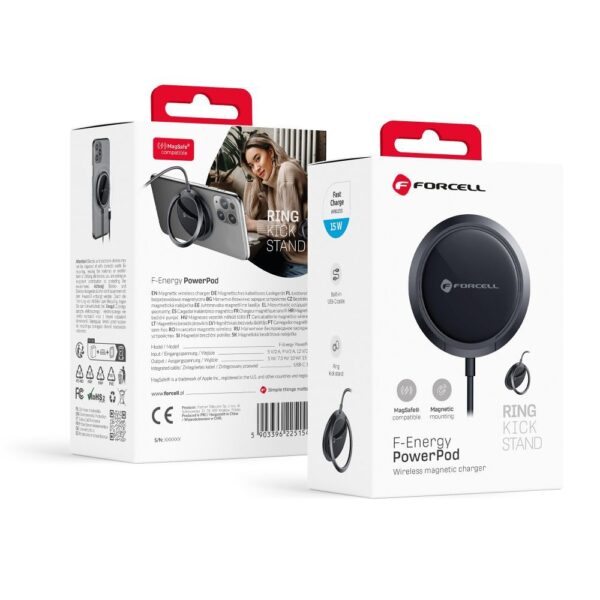 FORCELL F-ENERGY PowerPod wireless charger compatible with MagSafe with ring/kick stand 2A 15W black