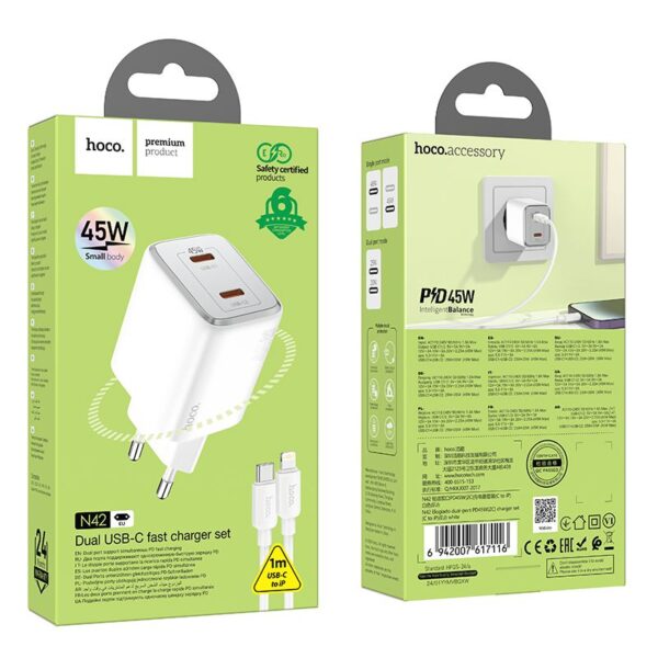 HOCO charger 2 x Type C + cable Type C to Lightning PD QC 45W GaN N42 white – Bild 5