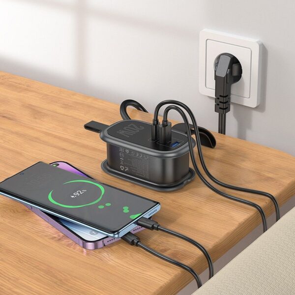 HOCO multifuncional splitter 1 socket + 2 x USB A + Type C EU standards 4000W PD QC 3A 20W NS7 1,1 m black – Bild 5