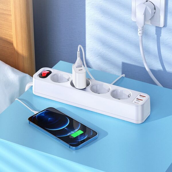 HOCO power strip 4-bit extension cable socket + 2 x USB A + Type C PD QC 3A 20W NS1 white – Bild 5