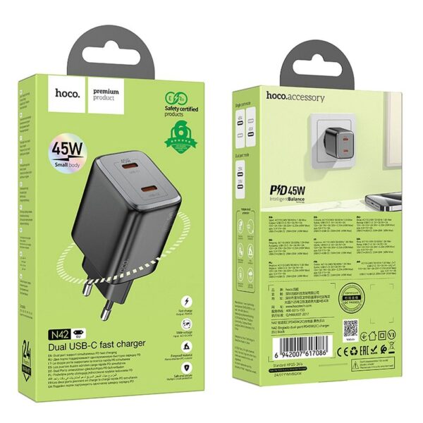 HOCO charger 2 x Type C PD QC 45W GaN N42 black – Bild 3