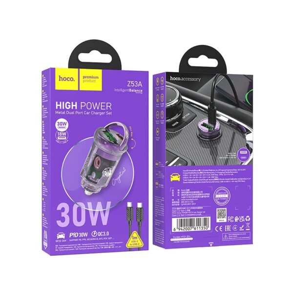 HOCO car charger USB A + Type C + cable Type C to Type C PD QC3.0 3A 30W Z53A purple – Bild 2