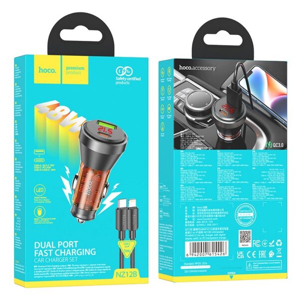 HOCO car charger USB A + Type C with digital display + cable Type C to Lightning PD QC3.0 3A 48W NZ12B transparent orange – Bild 5