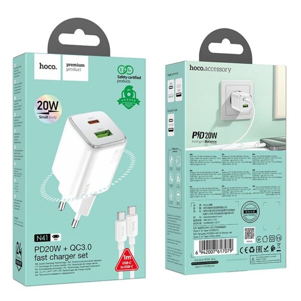 HOCO charger USB A + Type C + cable Type C to Type C PD QC 3A 20W N41 white – Bild 2