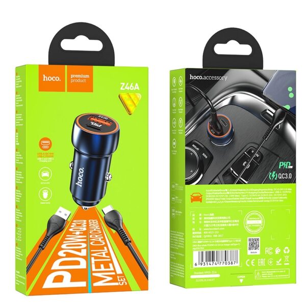 HOCO car charger USB A + Type C + cable USB A to Type C PD QC3.0 3A 20W Z46A sapphire blue – Bild 4