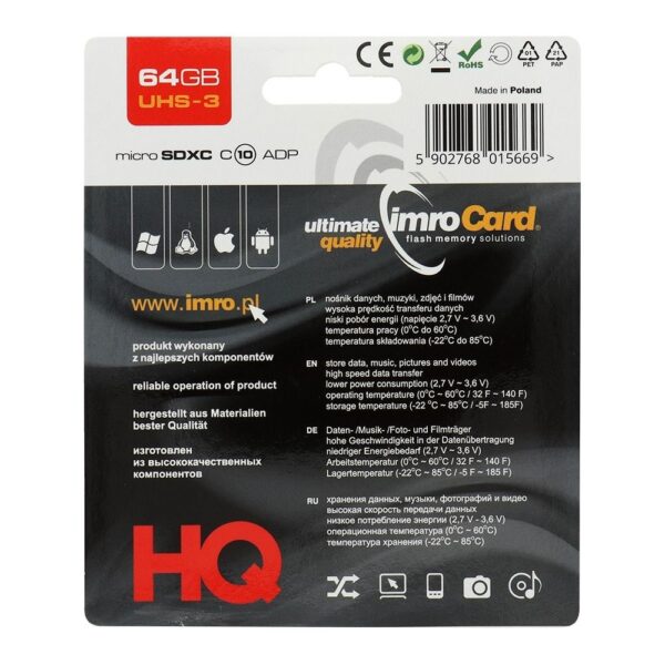 IMRO memory card microSD 64GB 100MB/s class 10 UHS 3 with adapter SD – Bild 2