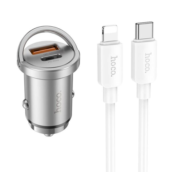 HOCO car charger USB A + Type C + cable Type C to Lightning PD QC3.0 4A 45W NZ10 silver