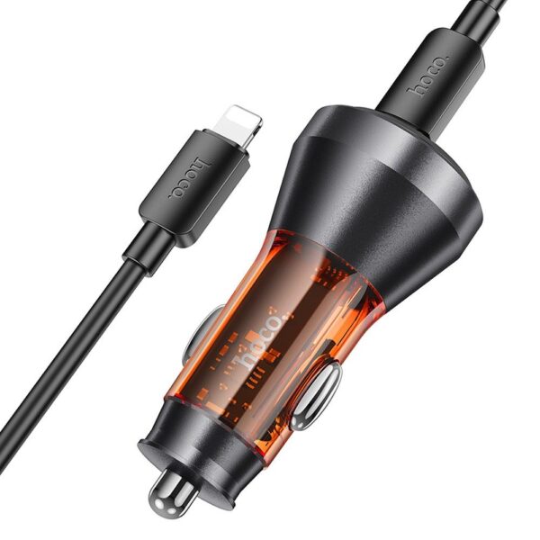 HOCO car charger USB A + Type C with digital display + cable Type C to Lightning PD QC3.0 3A 48W NZ12B transparent orange – Bild 4