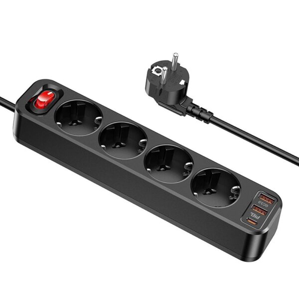 HOCO power strip 4-bit extension cable socket + 2 x USB A + Type C PD QC3.0 3A 20W NS1 black – Bild 3