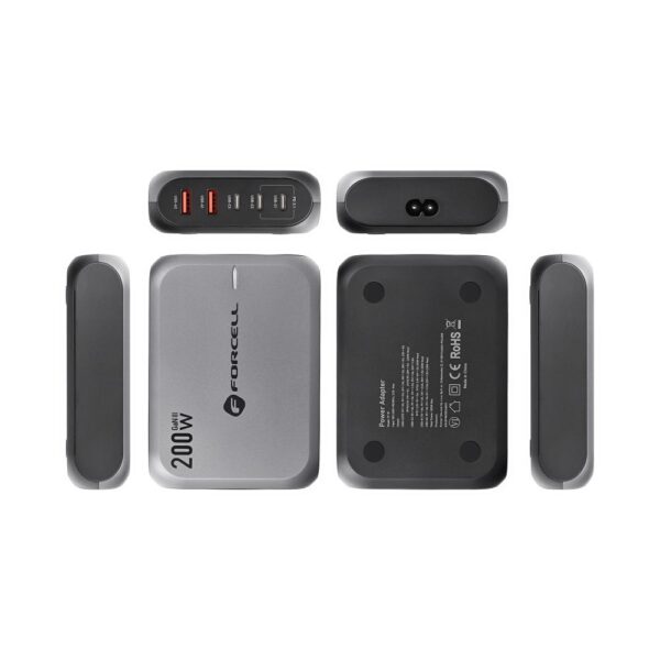 FORCELL F-ENERGY GaN III VT-51 desktop charger 3 x Typ C + 2 x USB A PD QC4.0 SFC2.0 5A 200W gray – Bild 4