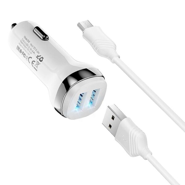 HOCO car charger 2 x USB A + cable USB A to Micro USB 2,4A Z40 white – Bild 3