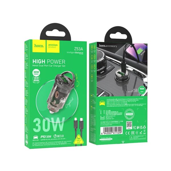 HOCO car charger USB A + Type C + cable Type C to Lightning PD QC3.0 3A 30W Z53A black – Bild 5