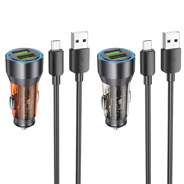 HOCO car charger 2 x USB A + cable USB A to Micro USB QC3.0 3A 36W NZ12 transparent orange – Bild 3