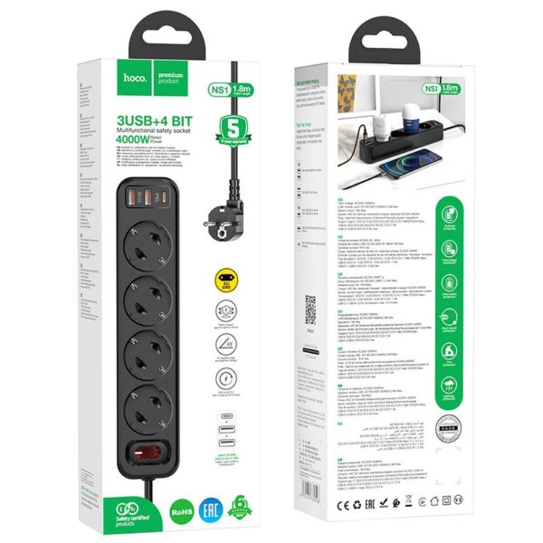 HOCO power strip 4-bit extension cable socket + 2 x USB A + Type C PD QC3.0 3A 20W NS1 black – Bild 5