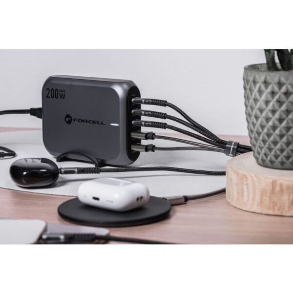 FORCELL F-ENERGY GaN III VT-51 desktop charger 3 x Typ C + 2 x USB A PD QC4.0 SFC2.0 5A 200W gray – Bild 5