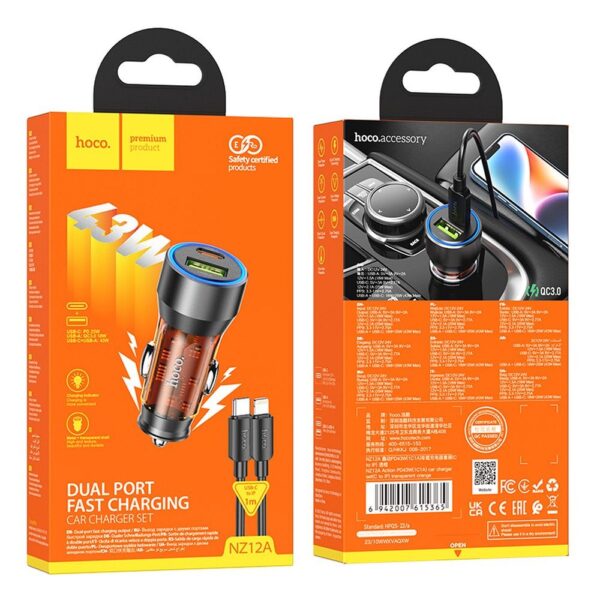 HOCO car charger USB A + Type C + cable Type C do Lightning PD QC3.0 3A 43W NZ12A transparent orange – Bild 2