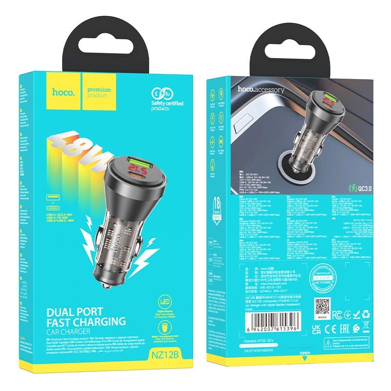 HOCO car charger USB A + Type C with digital display + cable Type C to Lightning PD QC3.0 3A 48W NZ12B transparent black – Bild 5