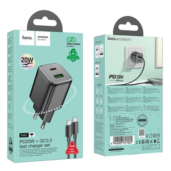 HOCO charger USB A + Type C + cable Type C to Type C PD QC 3A 20W N41 black – Bild 3