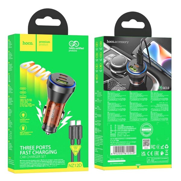 HOCO car charger USB A + 2 x Type C + cable Type C to Lightning PD QC3.0 3A 60W NZ12D transparent orange – Bild 2