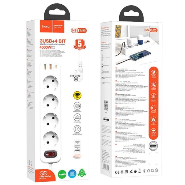 HOCO power strip 4-bit extension cable socket + 2 x USB A + Type C PD QC 3A 20W NS1 white – Bild 3