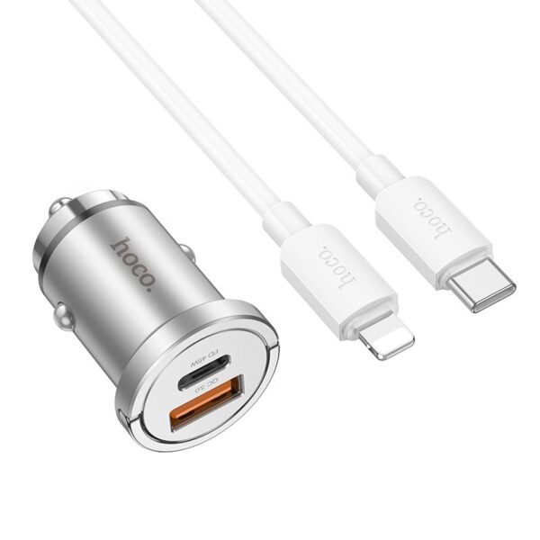 HOCO car charger USB A + Type C + cable Type C to Lightning PD QC3.0 4A 45W NZ10 silver – Bild 2