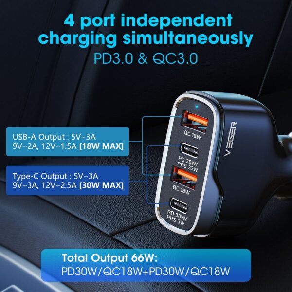 VEGER car charger 2 x USB A + 2 x Type C PD QC 3A 66W CC53-2A2C black – Bild 2