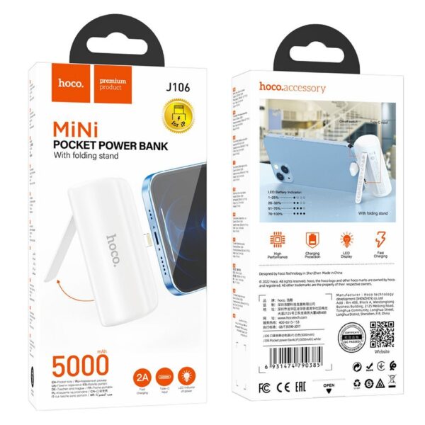 HOCO powerbank 5 000 mAh with built-in connector Lightning 2A J106 white – Bild 4